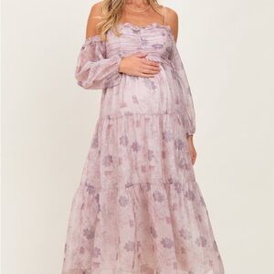 NWT PinkBlush Maternity Small Off Shoulder Long Sleeve Maxi Dress Floral Pink